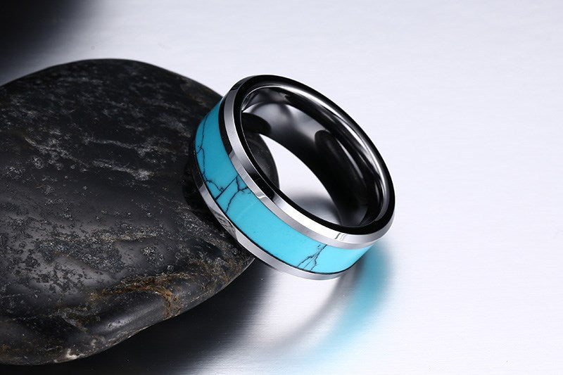 Tungsten Steel Ring Gold Flat Edge Turquoise Wholesale Men