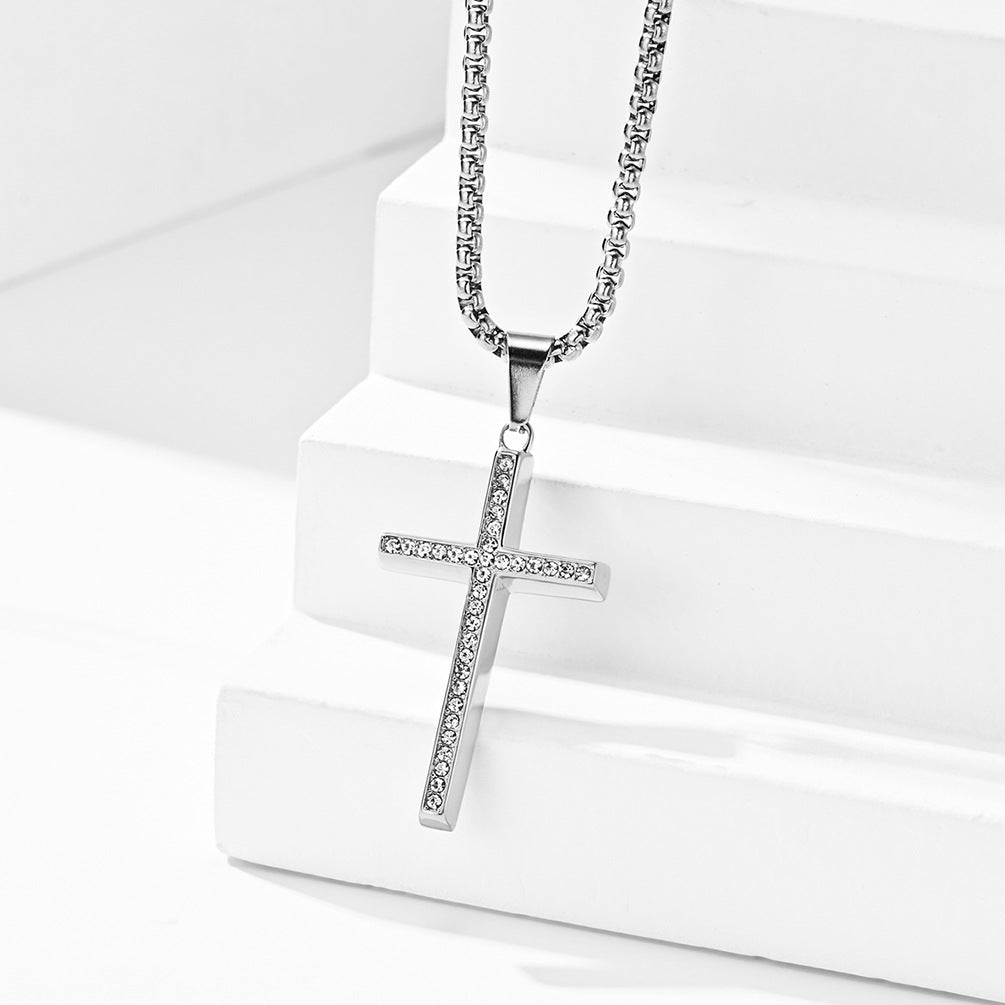Planderful Zircon Cross Necklace Titanium Steel Beveled Pendant For Hip Hop Fans