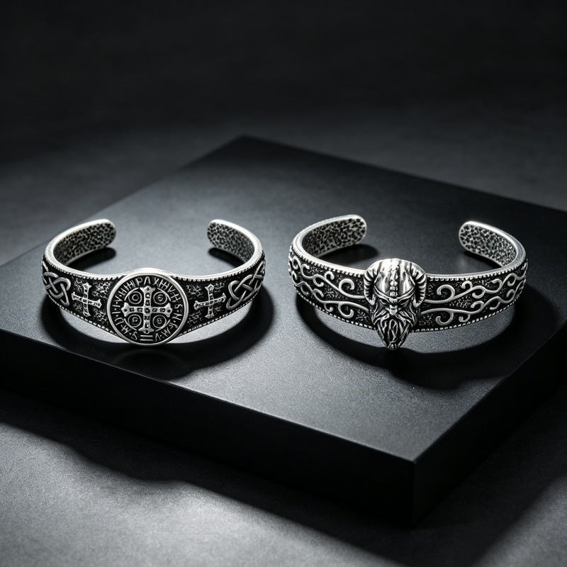 Nordic Viking Luhn Rune Kyle Knot Wide Face Bracelet Sheep Head Warrior Stainless Steel