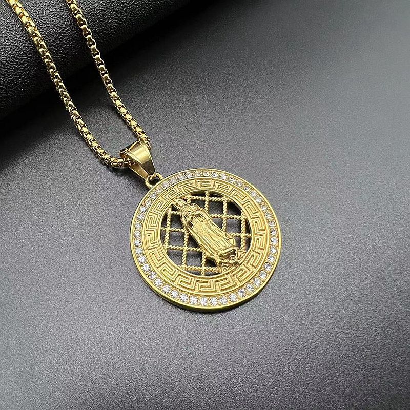 Rhinestone Necklace – Vintage Virgin Mary Hip Hop Pendant In Steel Gold Plating Finish