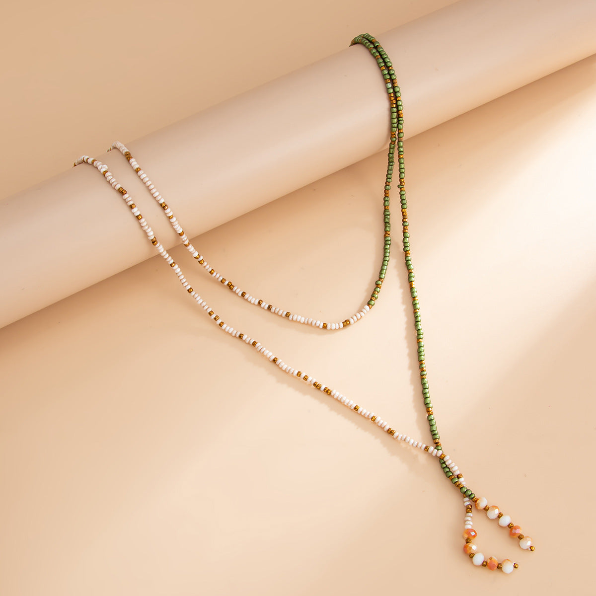Holiday Style Color Imitation Pearl Beaded Necklace Rice Bead Y-Shaped Fringed Splicing