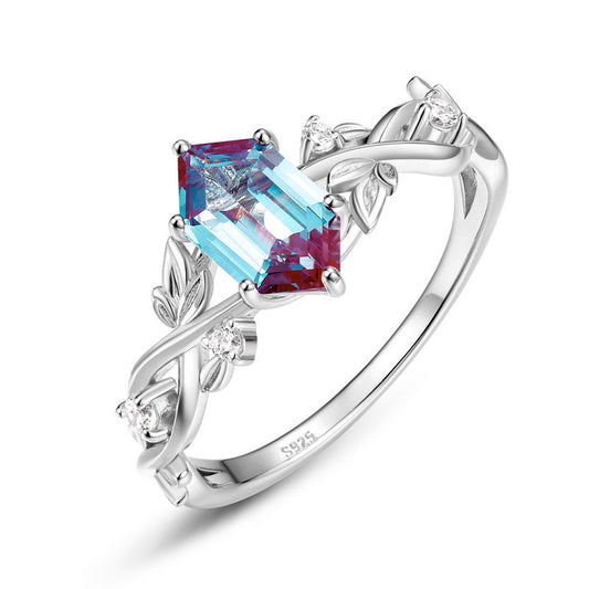 Planderful Jewelry Alexandrite Ring in Sterling Silver Geometric Leaf Design for Everyday Elegance