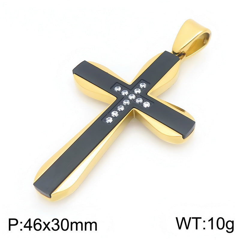 Hip Hop Rock Double Contrast Color Zircon Cross Titanium Steel Pendant Back Stainless Necklace
