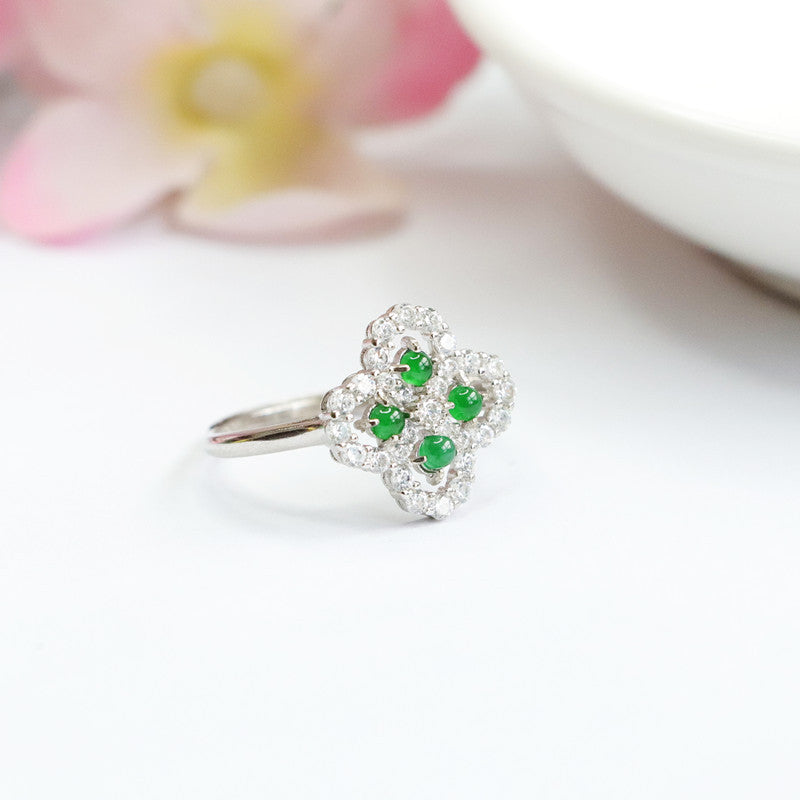 Icy Green Jadeite Cabochon Clover Ring