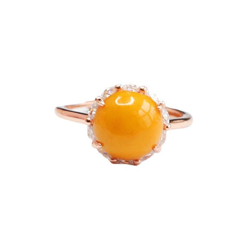 Sterling Silver Adjustable Zircon Ring with Beeswax Amber