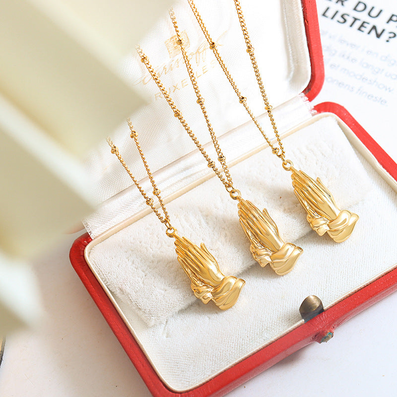 Hip-Hop Folded Hands Pendant Necklace - Luxury Titanium Steel Gold-Plated Accessory