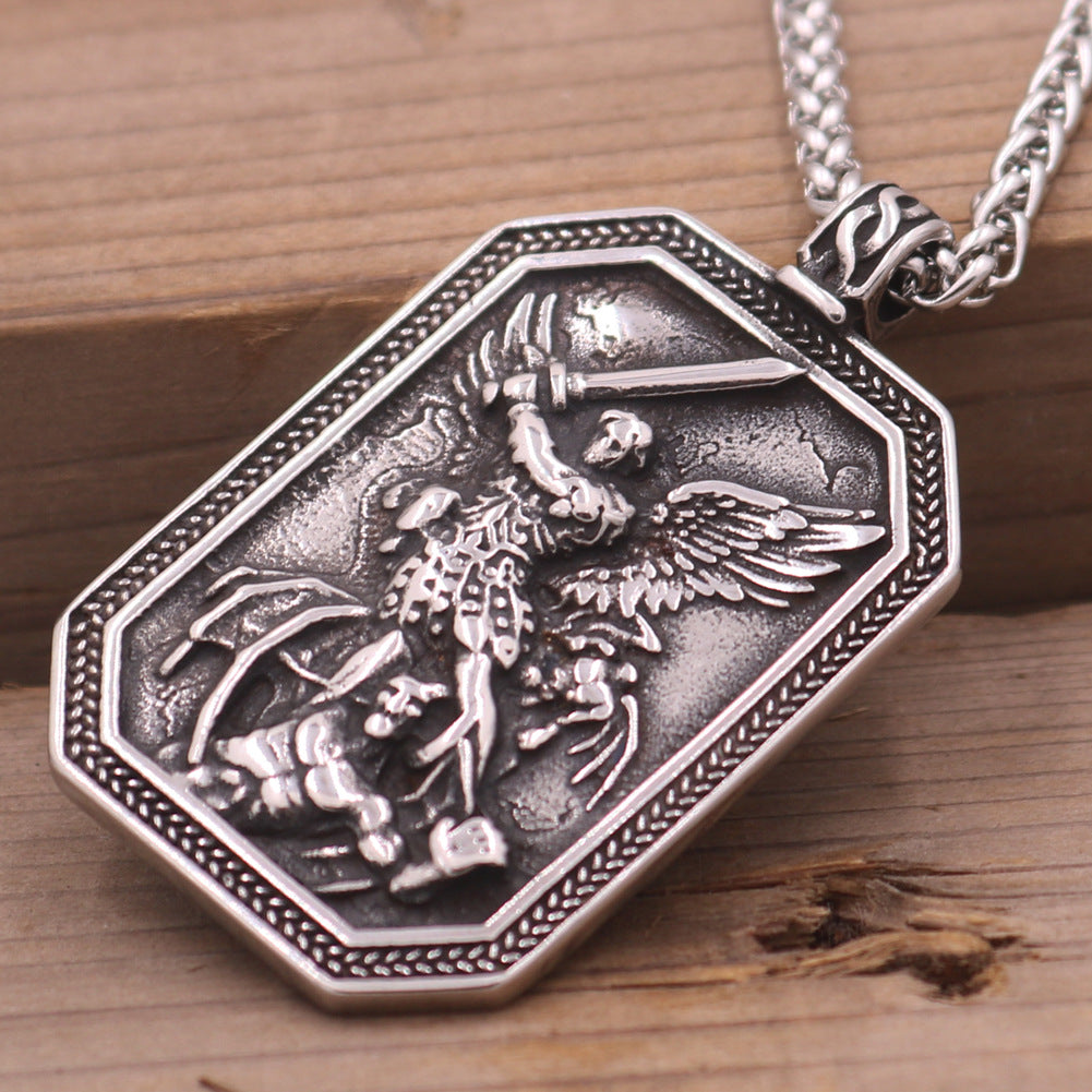 Guardian Angel Vintage Steel Pendant Necklace for Men with Long Sweater Chain