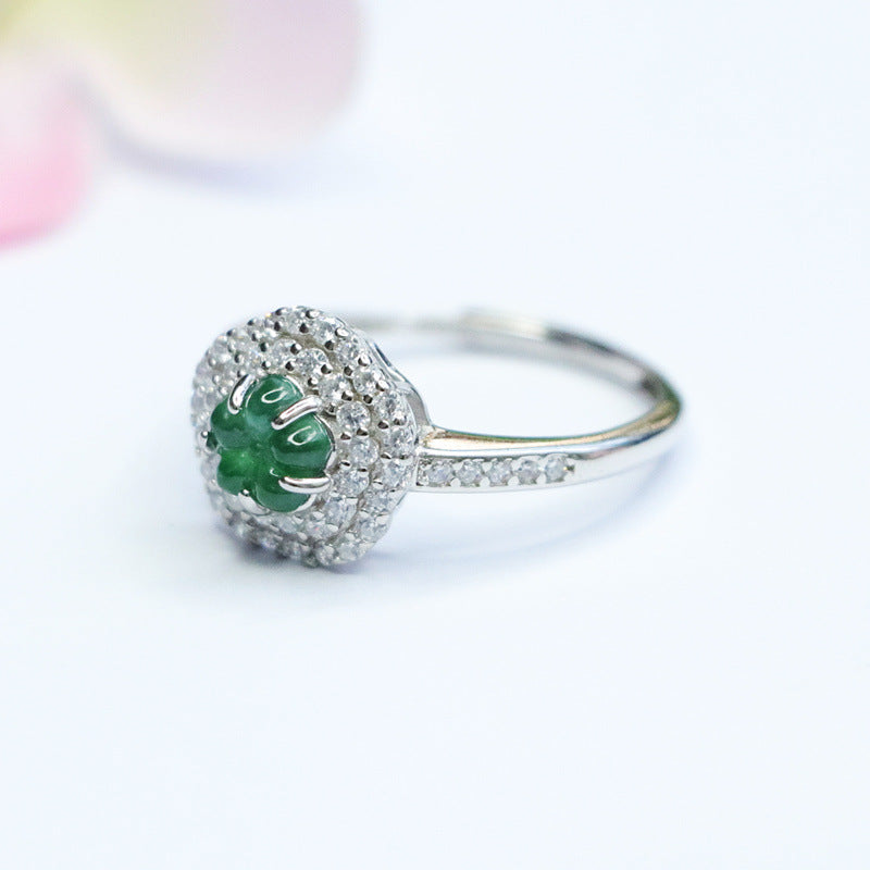 Sterling Silver Adjustable Ring with Ice Green Jade Flower Detail