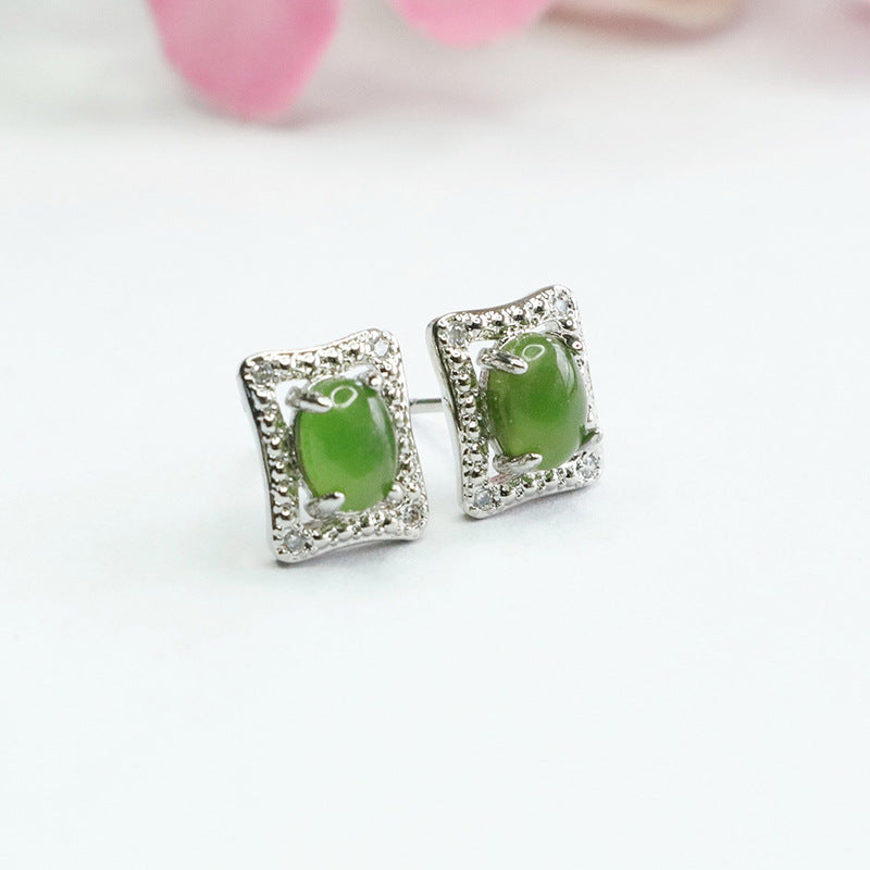 Rectangular Sterling Silver Earrings with Hetian Jade Insets
