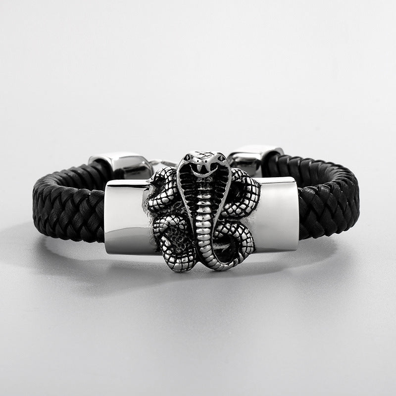 Two-Layer Leather Woven Bracelet – Casting Lion Head Snake Head Ghost Head Titanium