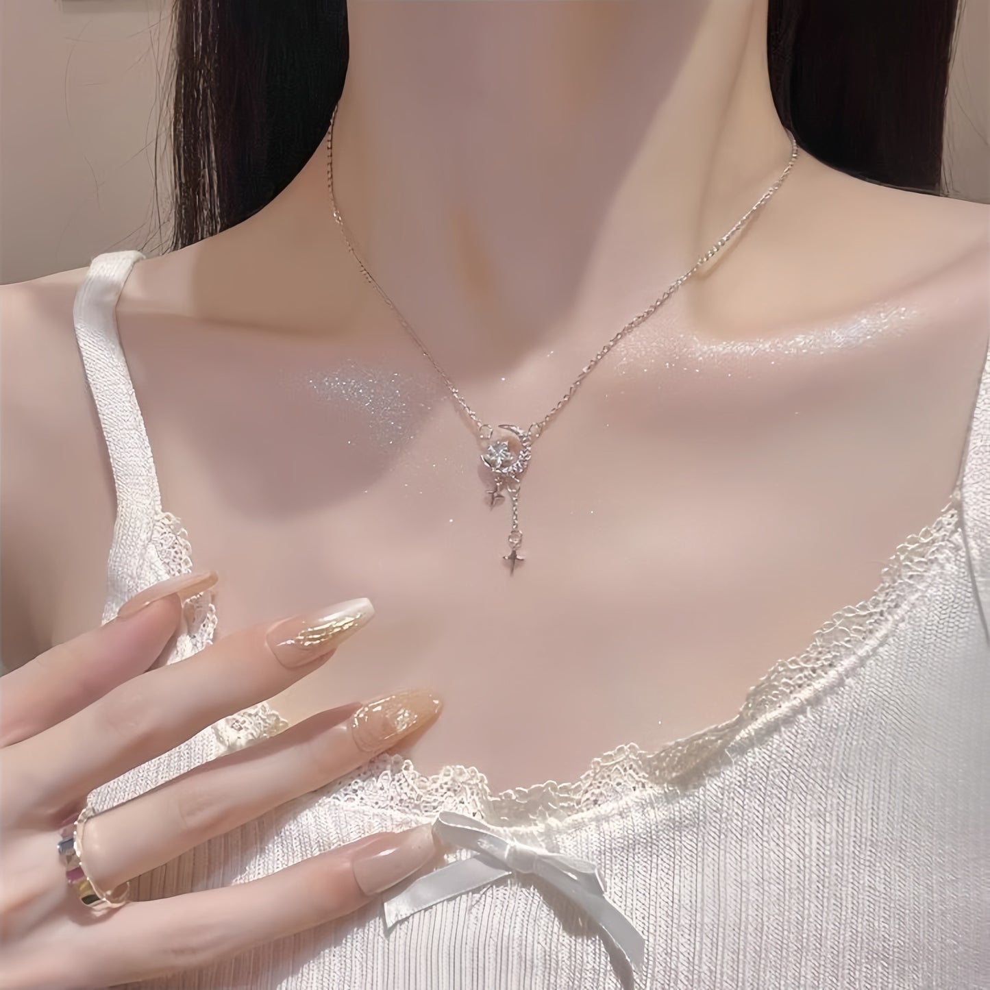 New Romantic Star Moon 925 Sterling Silver Necklace Gift