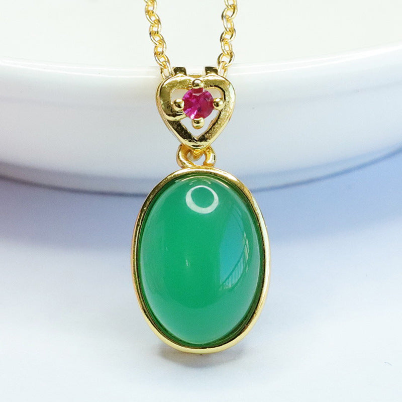 Green Chalcedony Zircon Love Pendant with Oval Design