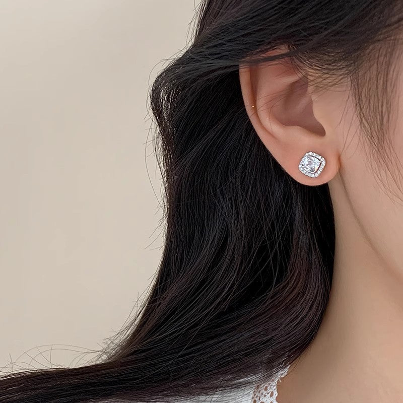 925 Sterling Silver Super Flash Zircon Sugar Cube Stud Earrings