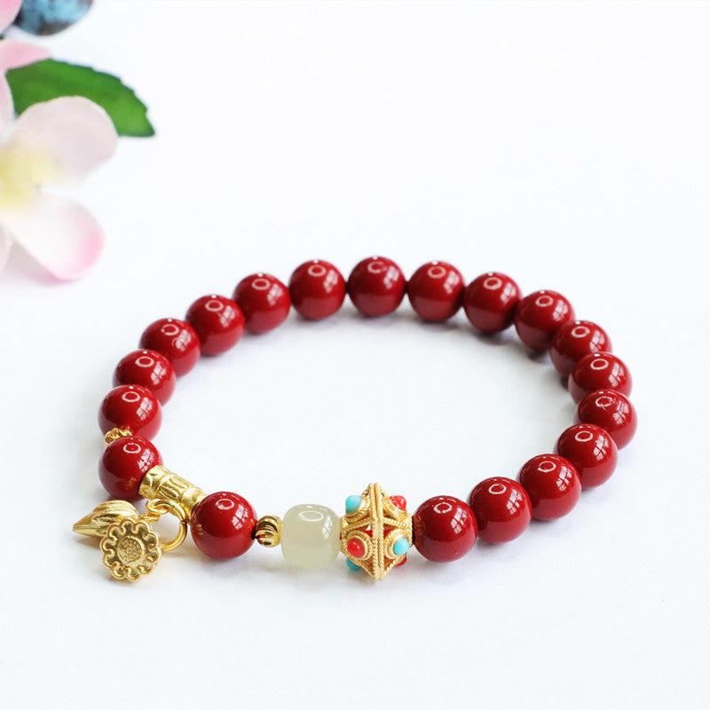 Happiness and Prosperity Sterling Silver Bracelet with Hotan Jade and Cinnabar