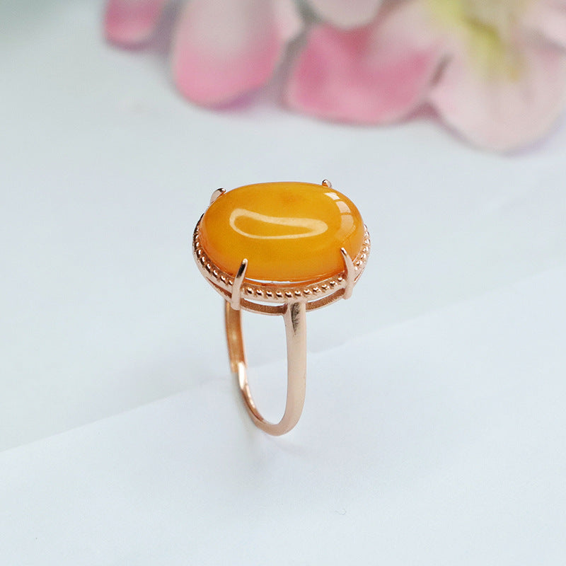 Sterling Silver Adjustable Oval Beeswax Amber Ring