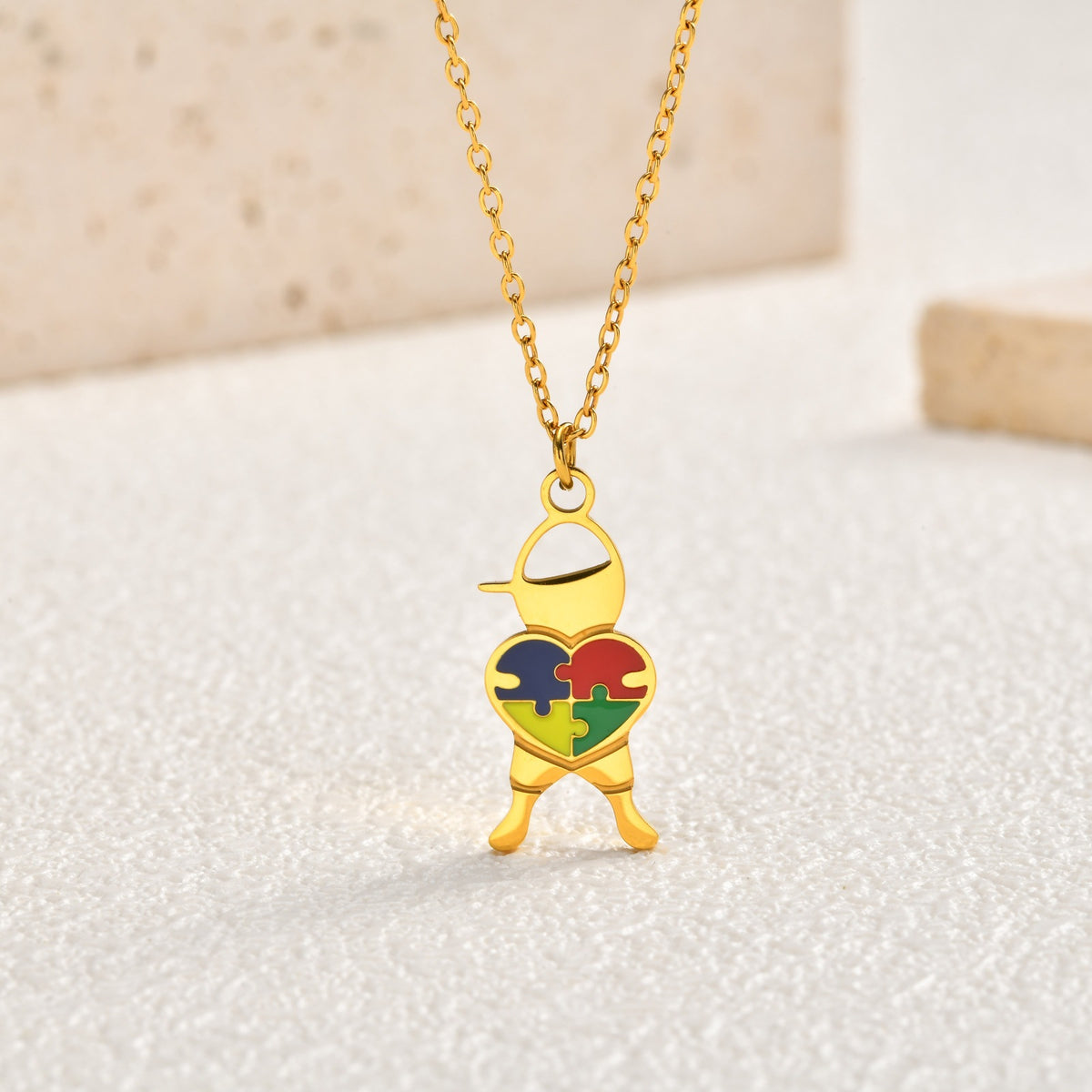 Stainless Steel Epoxy Heart-Shaped Puzzle Children's Necklace