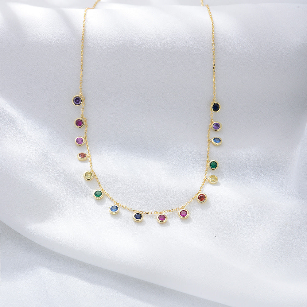 S925 Sterling Silver Colored Round Zircon Necklace Colorful Gemstone Pendant Rainbow Necklace