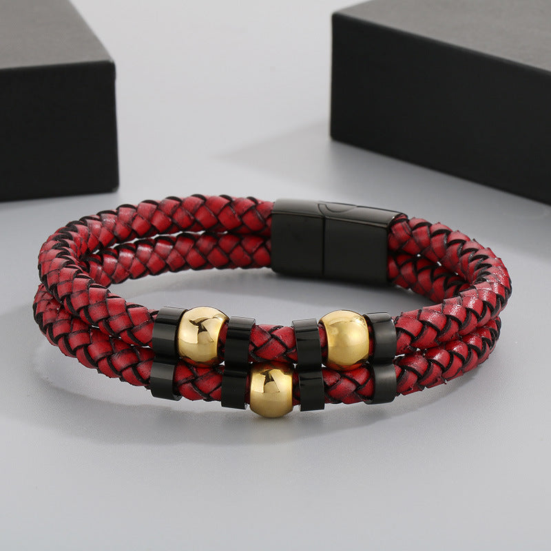 Stylish & Double-Layer Spliced Leather Bracelet – Vacuum Electroplated Spring Buckle