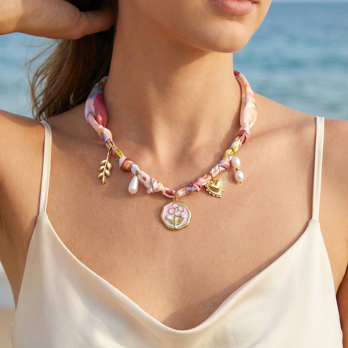 European – American Bohemian Stainless Steel Imitation Pearl Sunflower Printing Silk Necklace