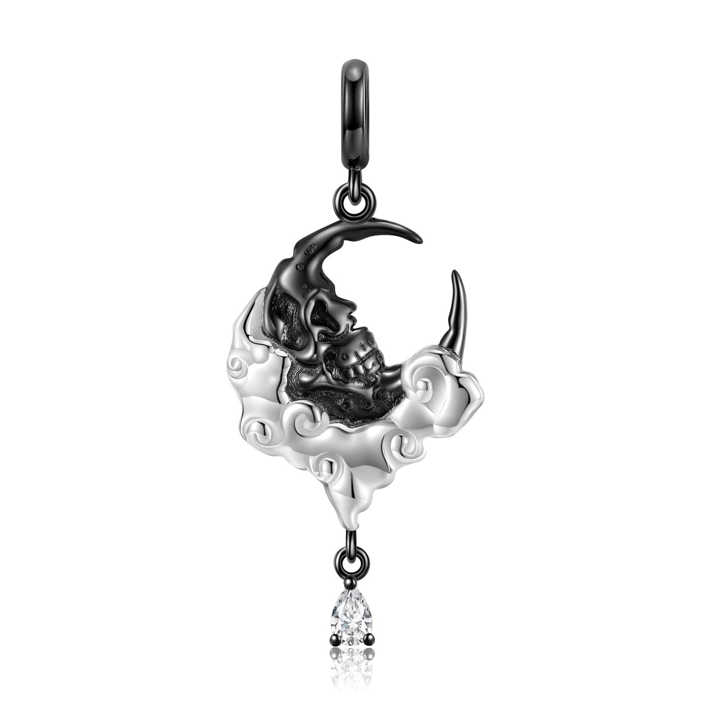Halloween Skull Face Moon with Pear Shape Zircon Silver Necklace