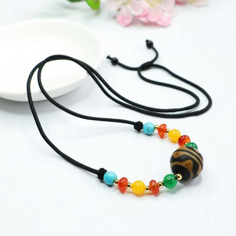 Tiger-Tooth Dzi Agate Bead Cord Pendant