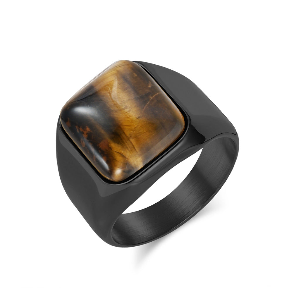 Planderful Men Tiger Eye Ring Natural Square Stone Stainless Steel Premium High End Jewelry