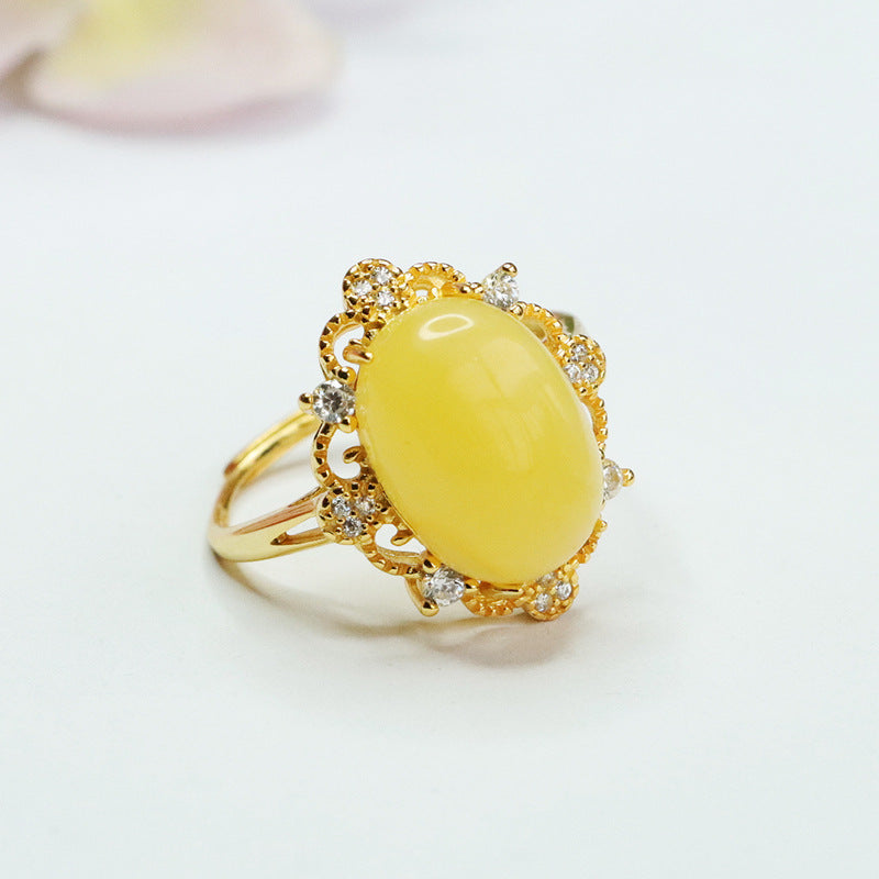 Sterling Silver Bee Amber Zircon Ring with Adjustable Diameter