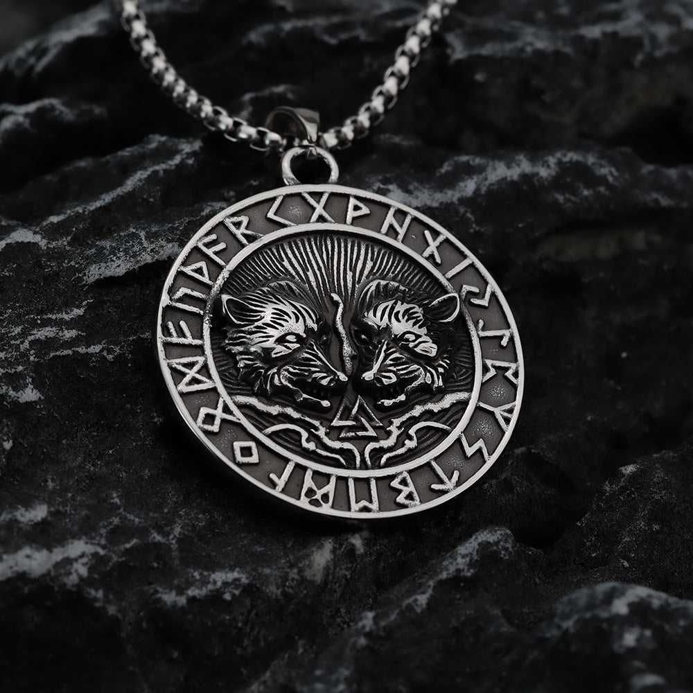 Nordic Men's Jewelry Viking Stainless Steel Double Wolf Pendant
