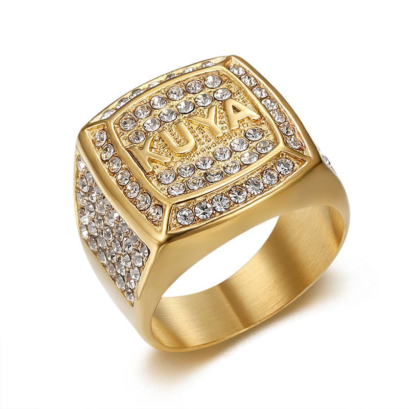 Planderful Hip Hop Ring for Men Titanium Steel Gold Plated Zircon Durable Urban Style Accessory Sizes 7 to 13