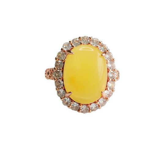 Amber Beeswax Ring with Zircon Halo Sterling Silver Court Style Jewelry