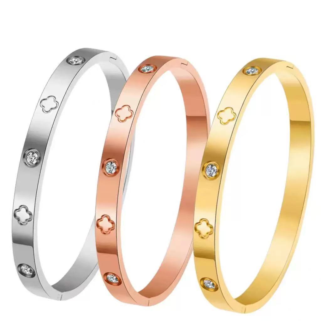 Planderful Jewelry Rose Gold Zircon Four Leaf Clover Bracelet Stainless Steel Open Bangle