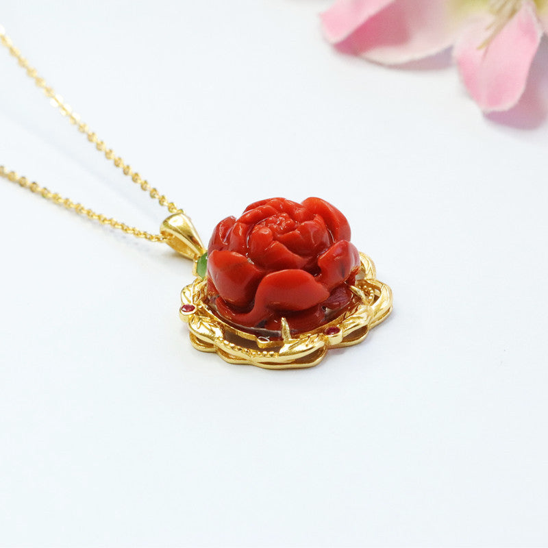 Baoshan Nanhong Agate Peony 925 Silver Pendant — No Chain