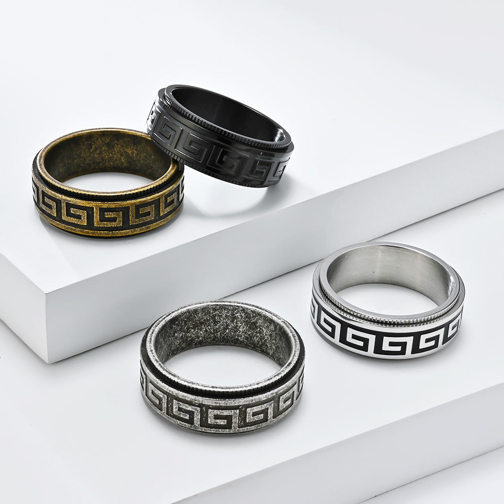 Planderful Rotatable Decompression Ring For Men With Retro Great Wall Pattern In Titanium Steel