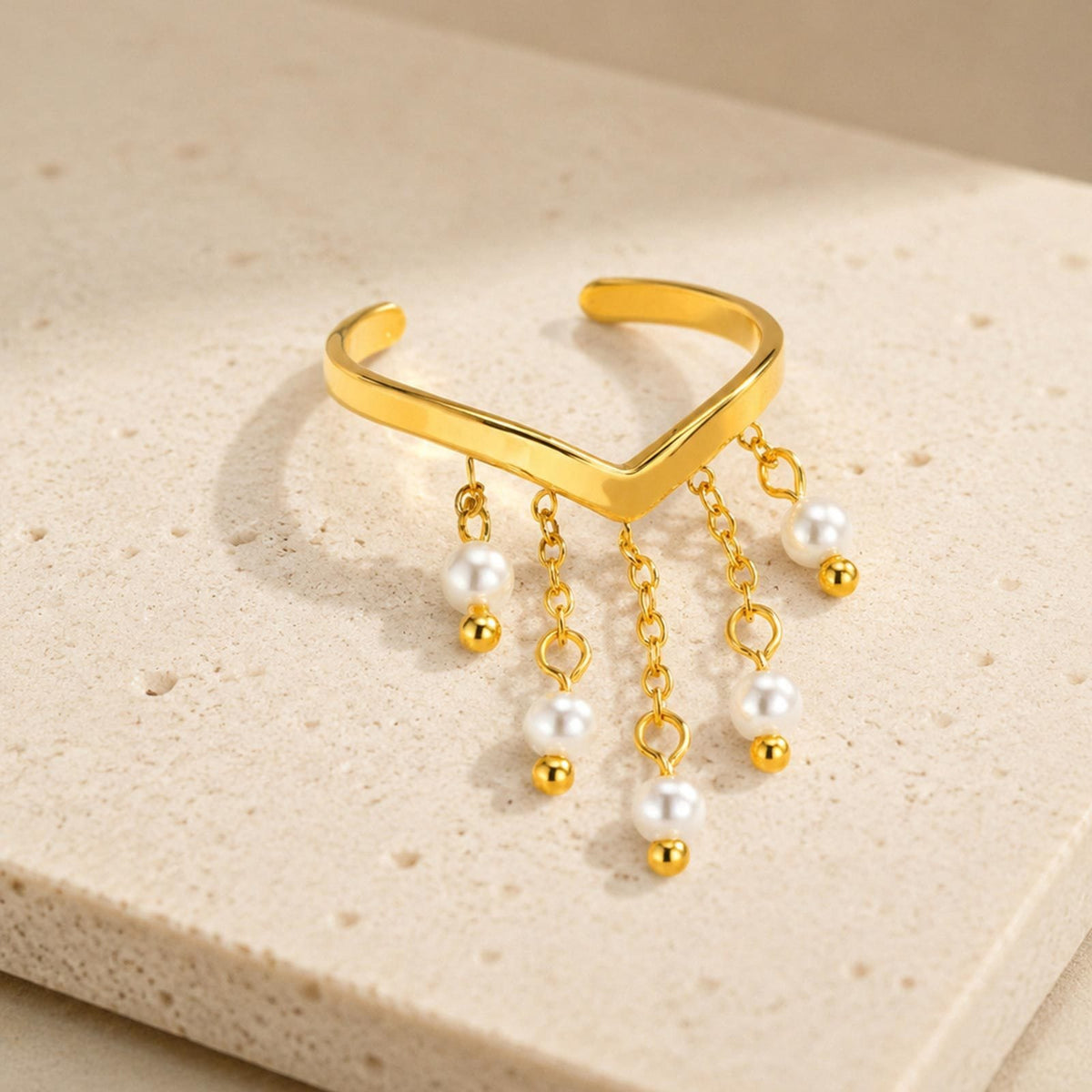 Ladies Open Ring Stainless Steel Gold V-Shaped Imitation Pearl Tassel Elegant