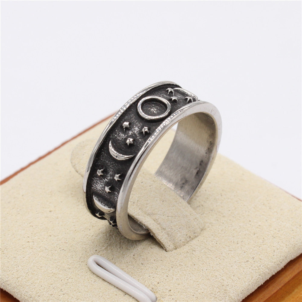Vintage Star and Moon Titanium Steel Ring