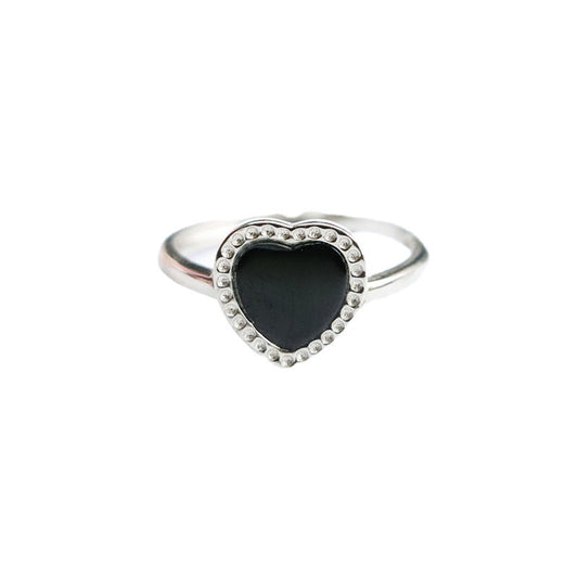 Blackish Green Jade Love Ring with Sterling Silver Base