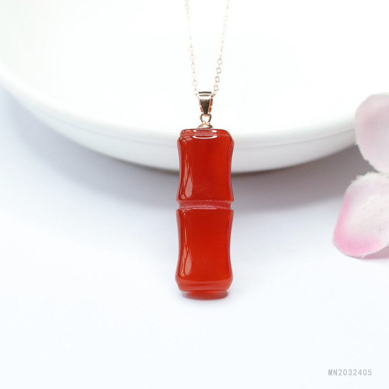 Red Agate Bamboo Silver Pendant — No Chain