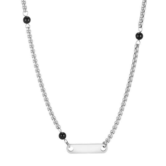 Men's Stainless Steel Pearl Chain Oval Brand Black Agate Beaded Necklace Punk Stacked
