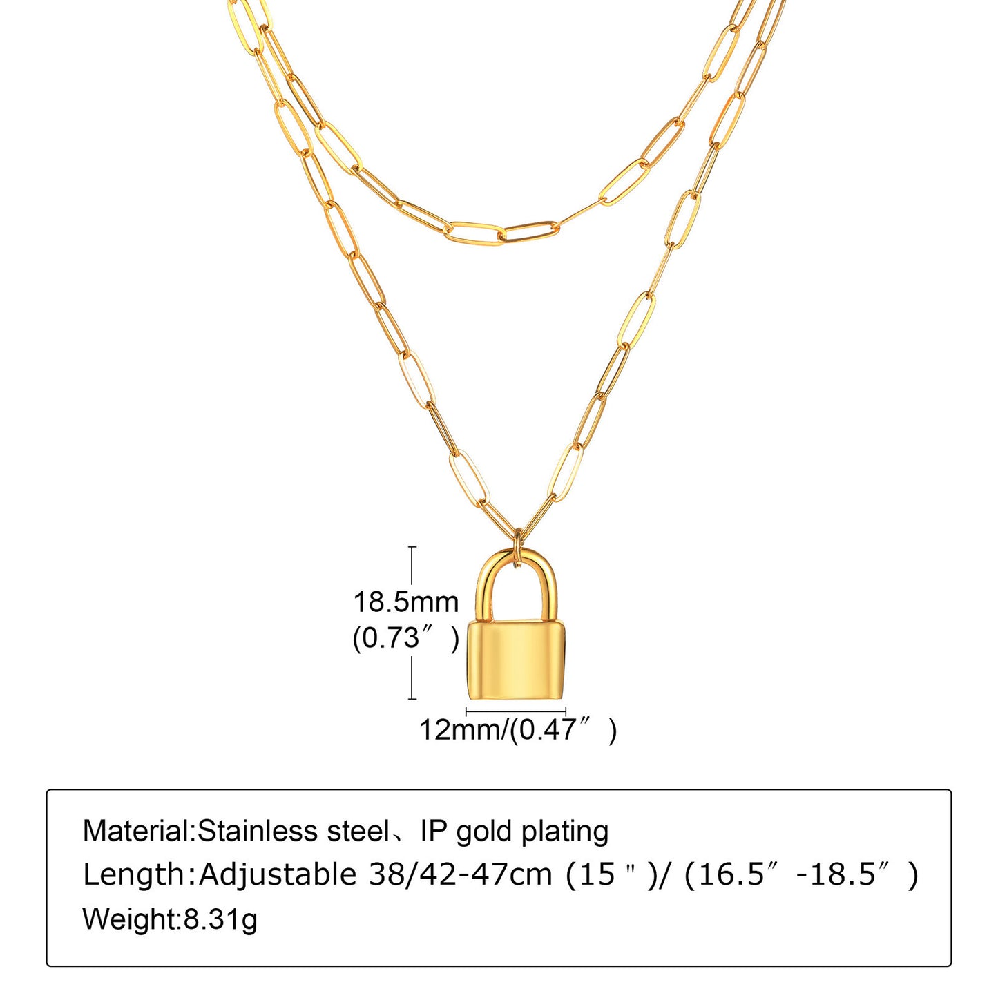 Stainless Steel Flat O-Chain Lock Head Pendant Necklace Gold