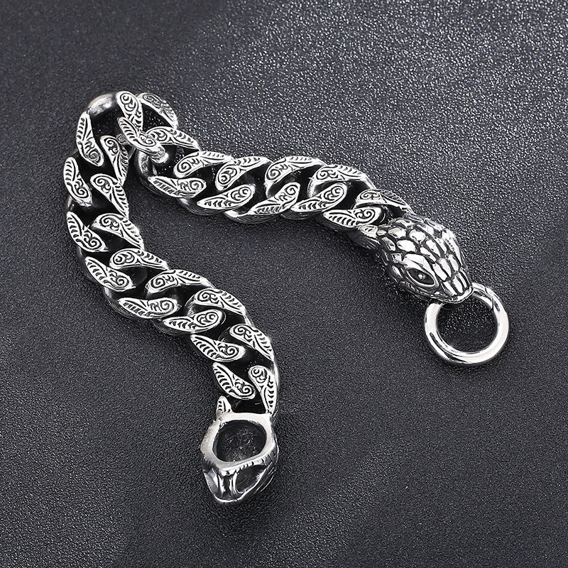 Old Smeared Pattern Snake Head Cuban Chain Bracelet – Punk Style Titanium Steel Men's