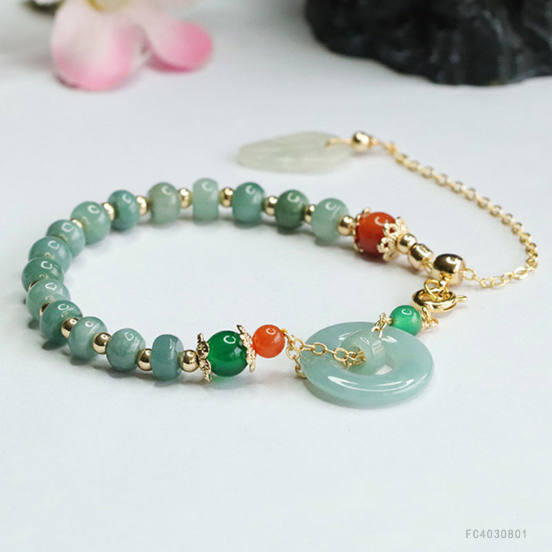 Blue Water Jadeite Leaf & Peace Ring Bracelet