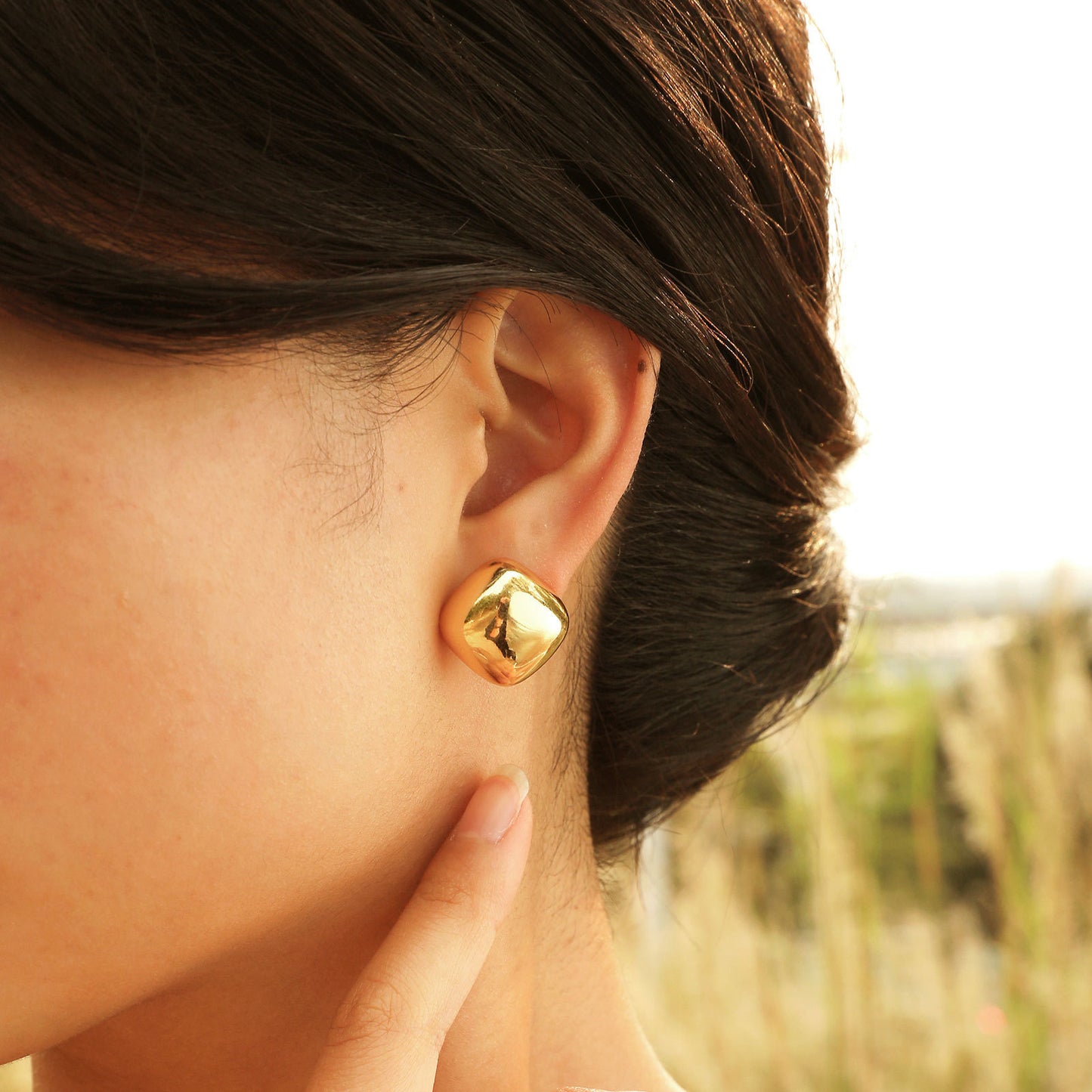 18K Gold Stud Earrings Copper Material Square Geometric Jewelry