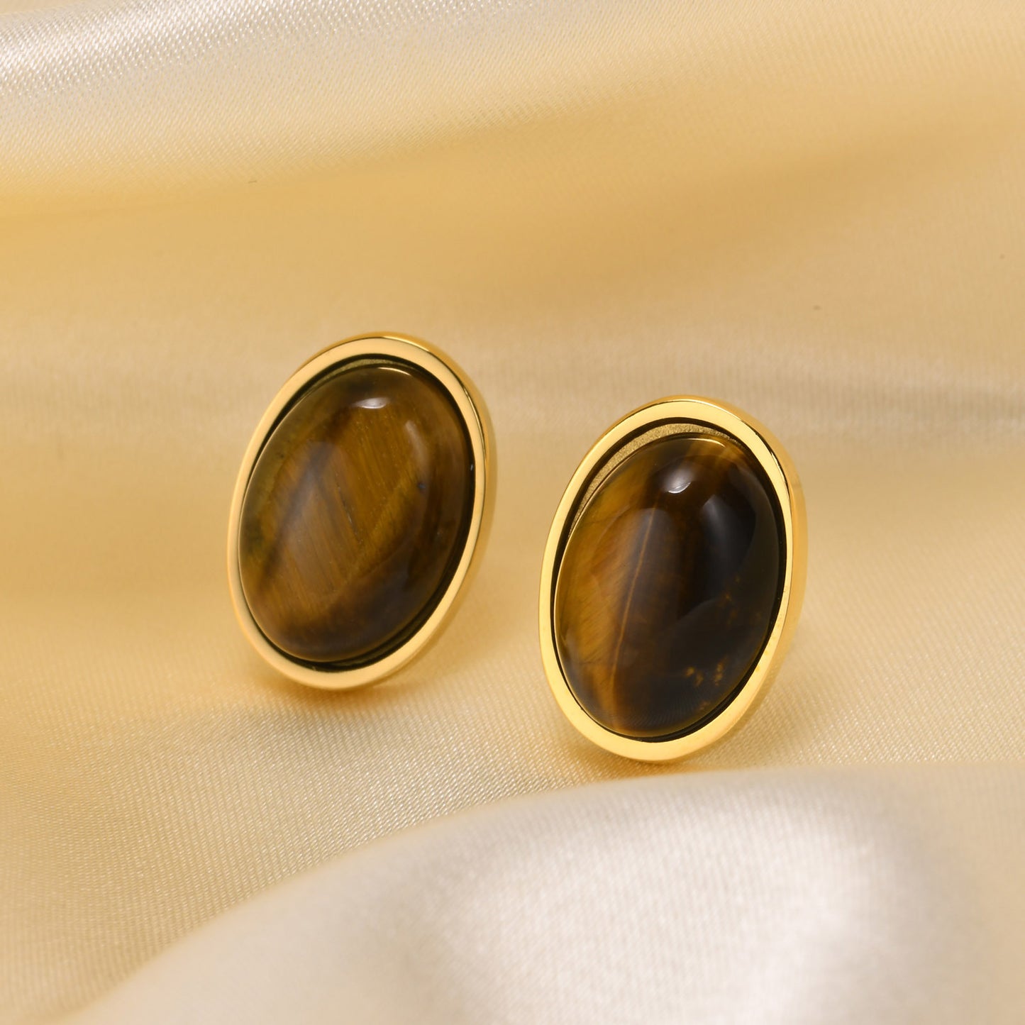 Women's Personality Simple Oval Stainless Steel Tiger's Eye Earrings Gold