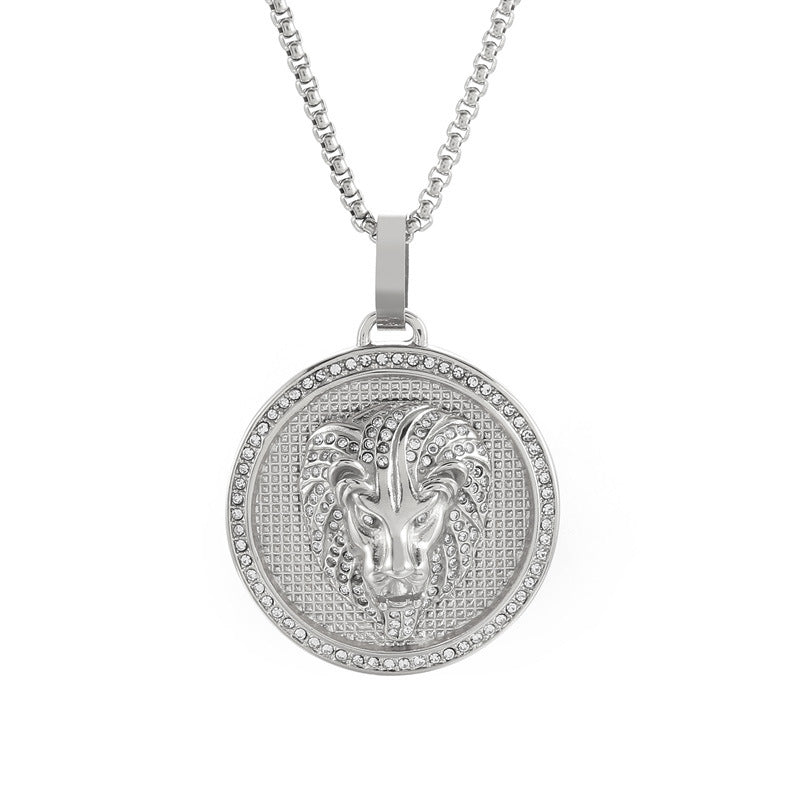 Rock Hip Hop Round Pendant, Retro Electroplated 18k Gold Slightly Inlaid Zircon Lion Necklace