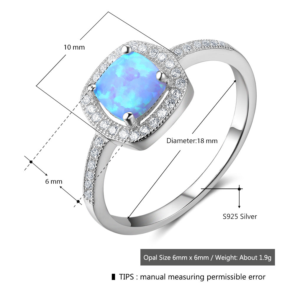 Planderful Jewelry Sterling Silver Opal Ring With Blue Inlaid Zircon Elegant Everyday Gem