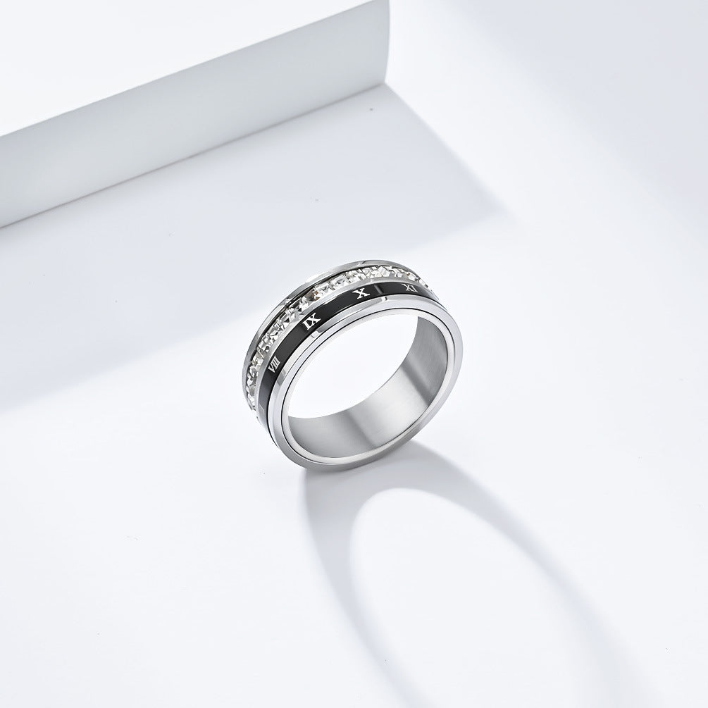 Light Luxury Full Square Zircon Roman Numerals Titanium Steel Ring