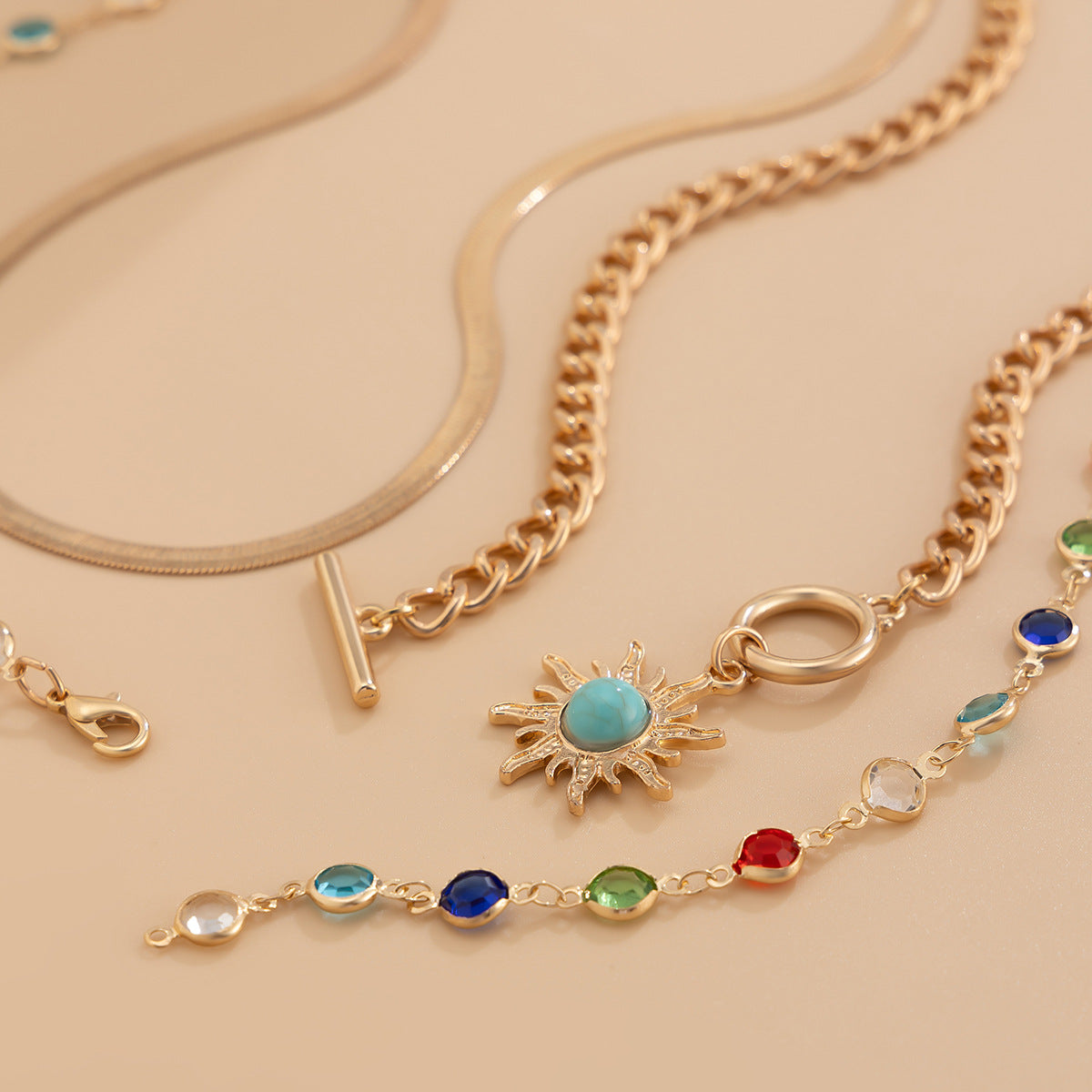 Sun Pendant Crystal-Style Layered Necklace Set