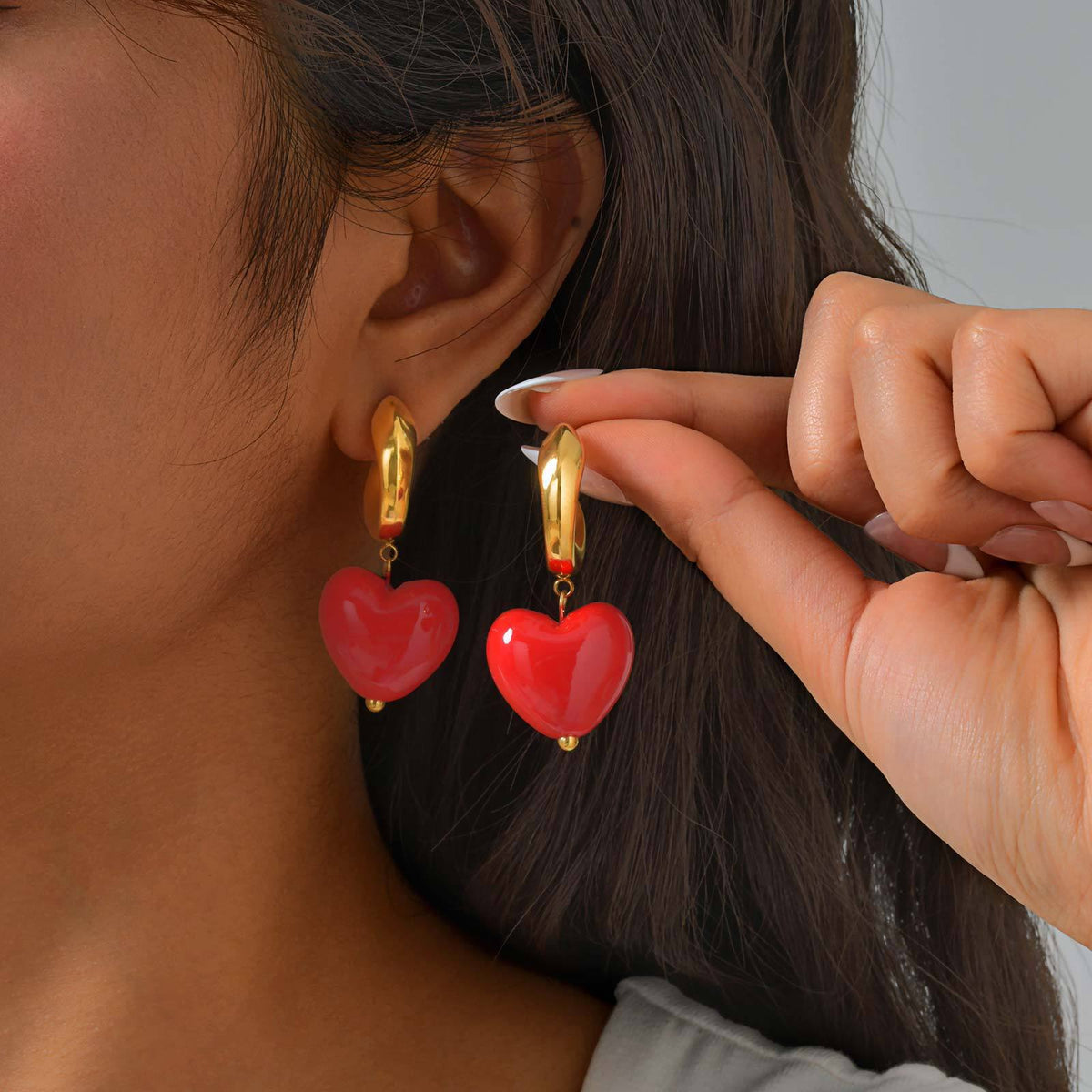 Red Heart Charm Gold-Tone Hoop Earrings