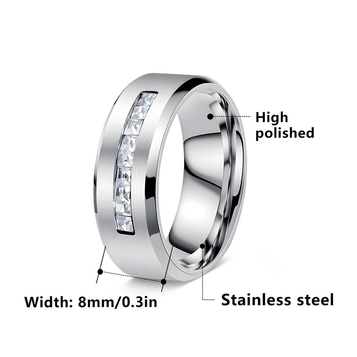 Planderful Everyday Genie 8mm Zircon Inlaid Stainless Steel Ring For Couples Unisex Gift