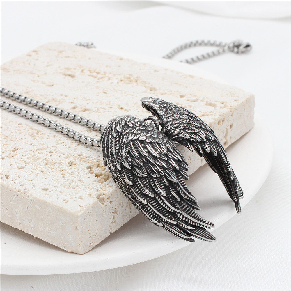 Planderful Personalized Retro Angel Wings Pendant Necklace Titanium Steel Men Unisex Protection Gift